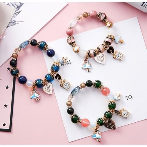 Korean Sweet Fashion Girls Beaded Bracelets Creative Chic Clock Heart Mushroom Pendant Bracelets Charm Jewelry For Women Gifts