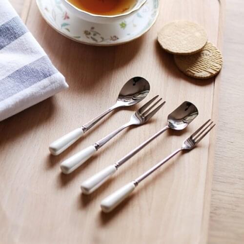 Brief Europe Style stainless steel tableware forks ceramic handgrip pearl glazed kitchen accessories coffee/fruit/dessert forks