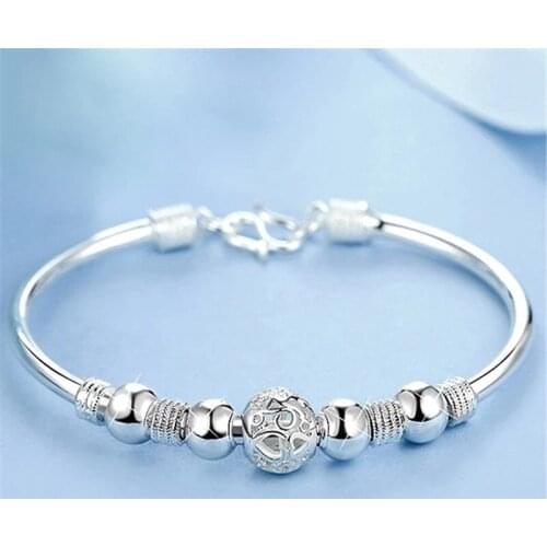 925 Sterling Silver Round Beads Charm Adjustable Cuff Bracelets&Bangle For Women Girls Elegant Wedding Jewelry sl096