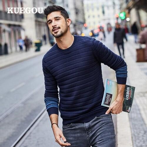 Kuegou Brand mens sweaters winter stripes round collar turtleneck sweater han edition tide line unlined upper garment AZ-17023