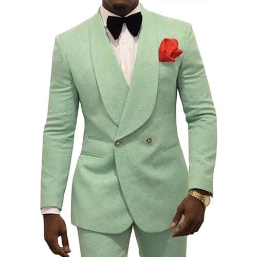 Men Suits Mint Green Double Breasted Shawl Lapel Costome Homme Pattern Prom Party Stage Slim Fit Blazer 2 Pcs ( Jacket Pants )
