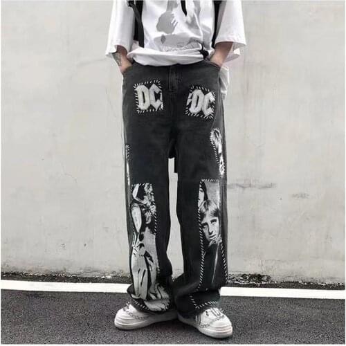 Rock Band Patch Patch Oversize Straight Jeans High Street Tide Brand Pendant Wide Leg Pants Men Print