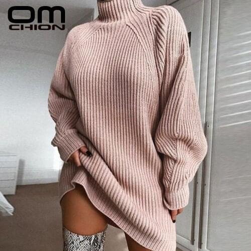 OMCHION Pull Femme 2019 Autumn Turtleneck Long Sweater Women Korean Oversized Knitwear Warm Pullover Winter Sweater Dress LMY281