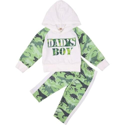 Autumn Kids Baby Boys Clothes Sets Letter Dinosaur Print Long Sleeve Hooded Pullover Tops Pants 2pcs 0-3Y
