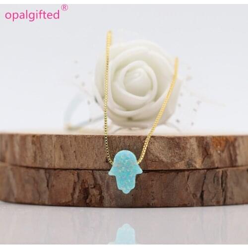Hot Selling 8x10mm Fire Opal Hamsa Pendant Necklace box Chain 925 Sterling Silver Synthetic Opal Hamsa Hand Necklace Many colors