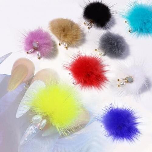 Detachable Nail Faux Fur Ball DIY with Faux Pearl Pendant 3D Nail Art Decoration Balls Pom Accessories for Manicure