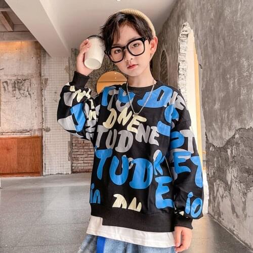 Boy Sweatshirts Children Black Letter Print Tops Kids Boy Long Sleeve School Costume Teenage Boy Clothing 10 12 14 Year Pullover