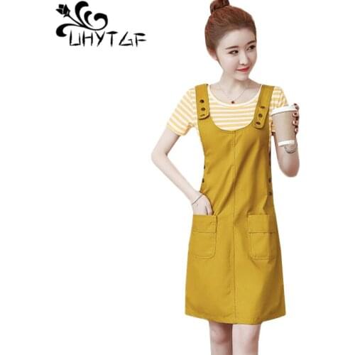 UHYTGF Cute girl strap dress Short-sleeved striped t-shirt top + strap dress two sets Womens Summer dress Student wear set 114