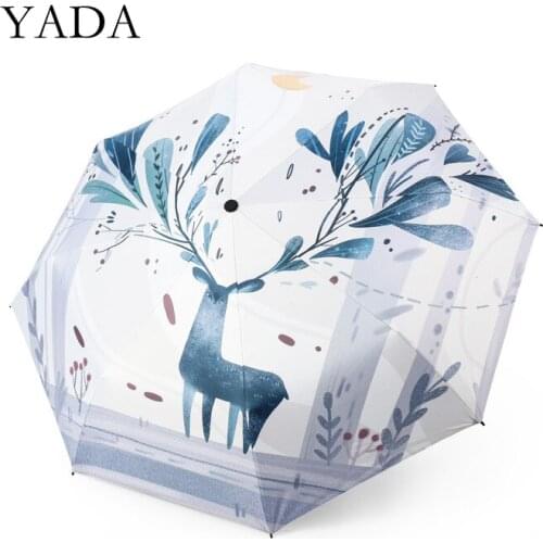 YADA 2020 Hand-Painted Deer Elk Pattern 3-Folding Umbrella Women UV Rainproof Umbrella Parasol Rain Sun Light Umbrellas YD200194