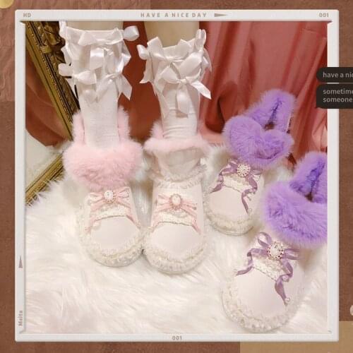 Japanese tea party sweet lolita shoes vintage round head plush tube snow boots French retro style loli sweet beauty boots cos