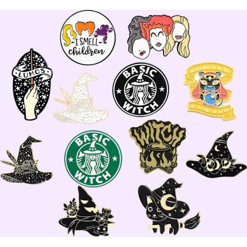 Witch Series Enamel Pin Black White Starry Wizard Hat Brooches for Women Backpacks Lapel Pin Gothic Metal Badge Jewelry Gift