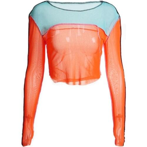Women Long Sleeve Sexy See-Through Mesh T-Shirt Neon Color Block Striped T-Shirt F3MD