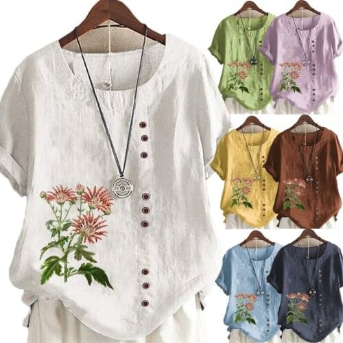 Womens New Summer Fashion Casual Linen Shirt Round Neck Printing T-shirt Short Sleeve Tops Loose Blouse S-5XL