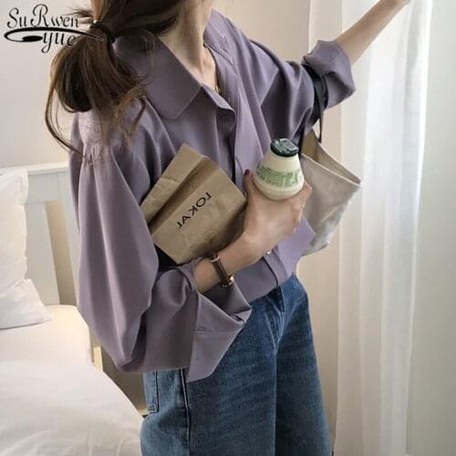 Plus Size Single Breasted Tops Feminine Solid Womens Shirts 2021 Autumn Solid Long Sleeve Chiffon Blouse Casual Cardigan 11364