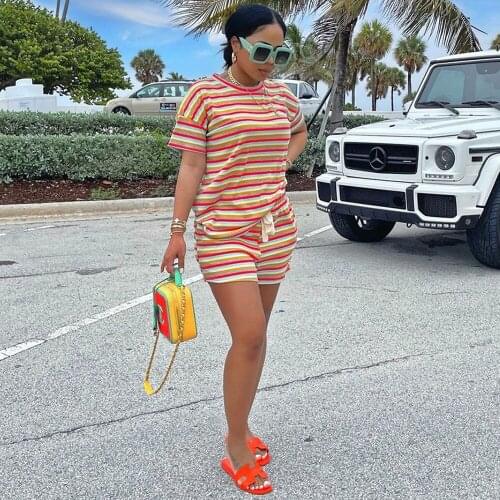 Womens Tracksuit Two Piece Sport Suit Striped Print Short Sleeve T-shirt Top and Biker Short Female Clothing Loungewear Outfit