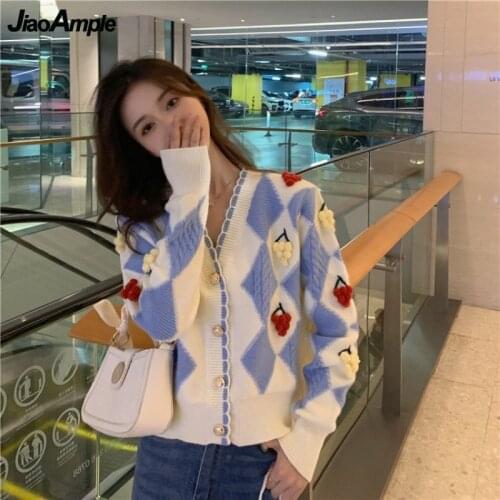 2021 Women Autumn Winter Fashion Knitted Sweater Cardigan Korean Sweet Pompom Blue V-Neck Long Sleeve Coat Lady Casual Outerwear