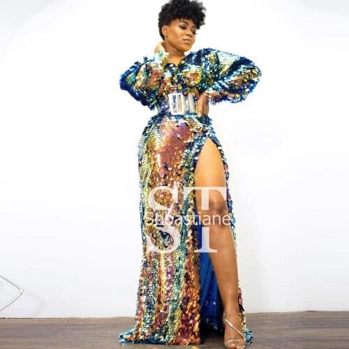 New In Glitter Sequins Prom Dresses For Christmas Women High Slit V Neck Sexy Sparkling Party Dress Plus Size Long Sleeves