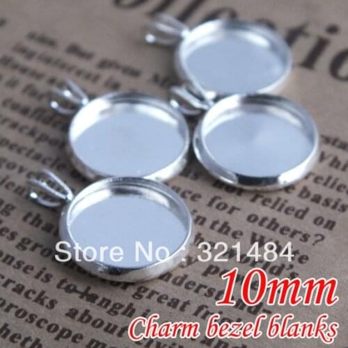 Free ship 300piece 10mm bezels w/ V loop silver plated round pendant tray, pendant base, pendant blank