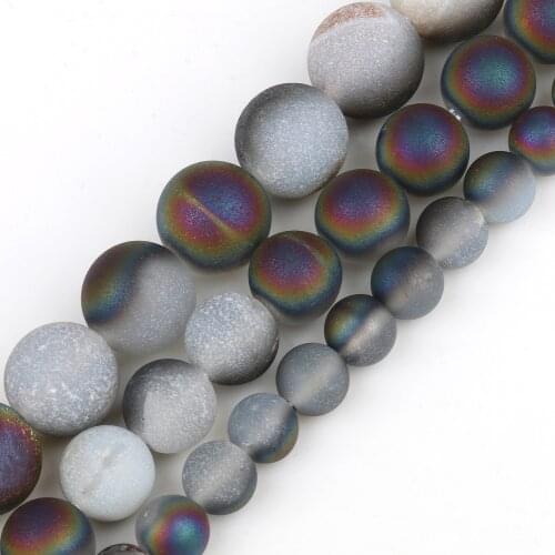 Metallic Coated Beads Natural Stone Multicolor Druzy Agates Rough Round Loose Matte Beads for Jewelry Making DIY Bracelet 15"
