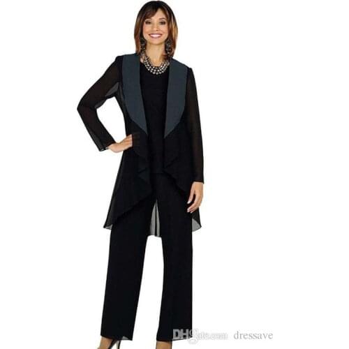 Black Chiffon Mother of the Bride Suits Plus Size Cheap Three Pieces Mother of Bride Groom Pant Suit for Wedding Pant Suit