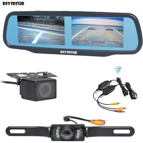 DIYSECUR Wireless Dual 4.3" Screen Rearview Car Mirror Monitor + Waterproof Car Rear View Reverse Backup Car Camera