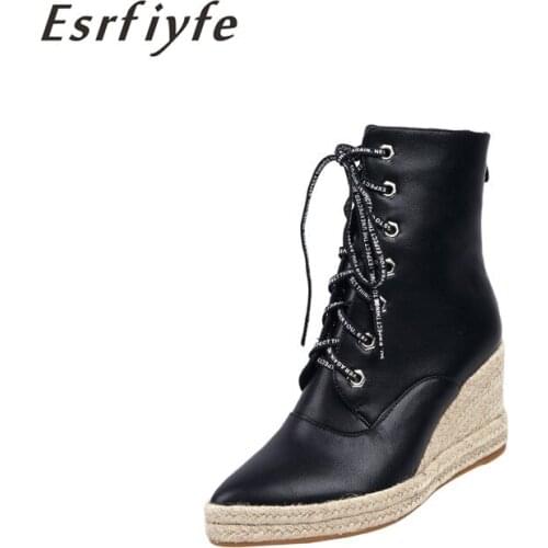 ESRFIYFE 2020 New Microfiber High Heels Ankle Boots for Women Platform Wedges Boots Ladies Autumn Winter Shoes Woman Black Beige