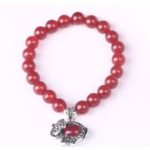 FYJS Unique Silver Plated Elephant Connect Red Agates Round Beads Elastic Bracelet Animal Jewelry