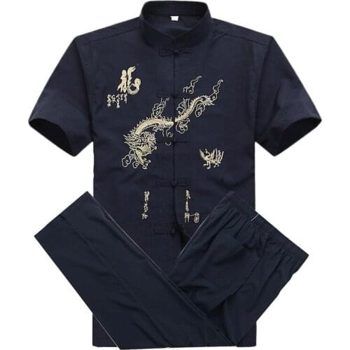 Chinese Men Cotton Kung Fu Suit Embroidery Wu Shu Uniform Tai Chi Clothing Short Sleeve Shirt+Pant M L XL XXL XXXL