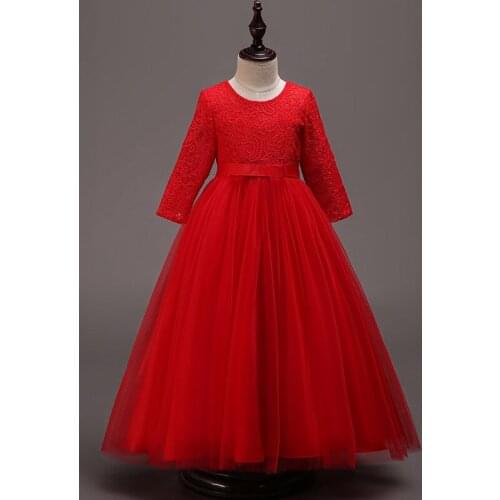 Red Lace Long Sleeve Bridesmaid Occasions Dresses For Girls Elegant Princess Dress Clothes Wedding Party Dress 4 -12 Years