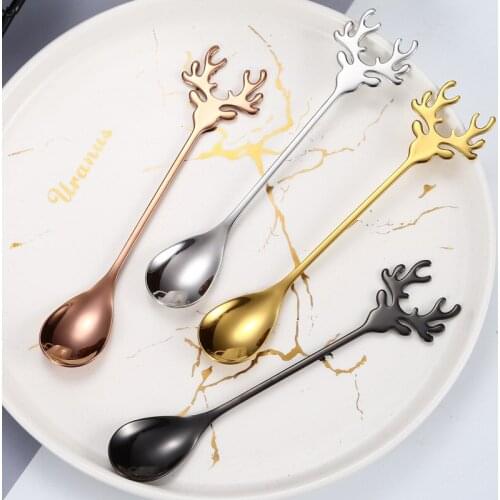 Deer Head Shape Stainless Steel Stirring Spoon Romantic Christmas Elk Coffee Dessert Spoon Exquisite Tableware Gift box