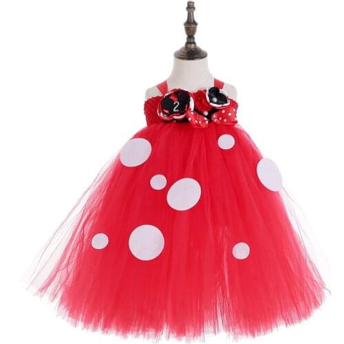 Lovely Girl Minnie Cartoon Tutu Dress Baby Girls Red Crochet Tulle Dresses with Dots Bow Kids Birthday Party Costume Clothes