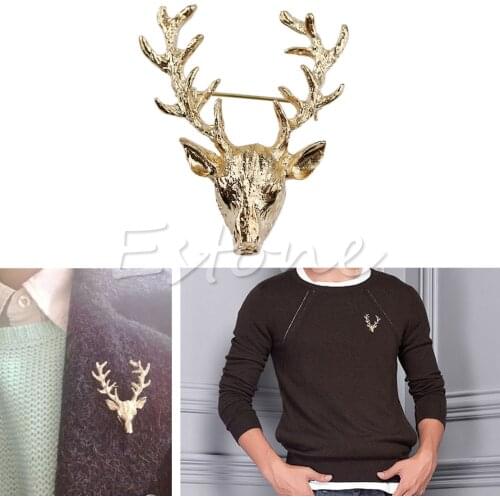 Cute Scottish Gold Elk Milu Head Horn Red Deer Hunting Collar Neck Tips Brooch C1FE