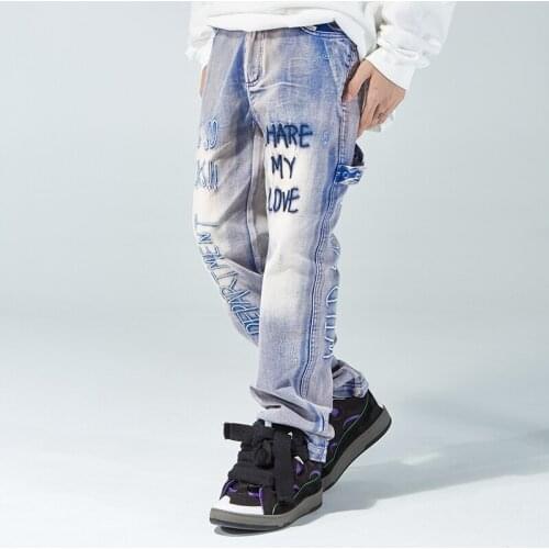 Distressed Wash Embroidery Flare Jeans Urban Streetwear Mens Splash Ink Dyeing Wide Leg Jeans Women Slim Fit Denim Pants Hip Hop