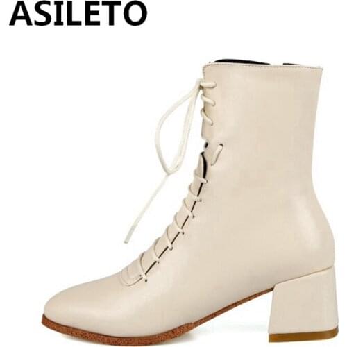 ASILETO Winter Mid-Calf boots Square toe square heels PU Zipper front Cross-tied Solid Big size 34-48 Beige White Casual S2027