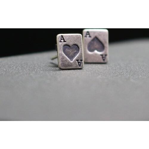 Personality Silver Color Red Hearts Poker Stud Earrings for Men Women Square Earrings Motorcycle Party Jewelry Punk Earrings