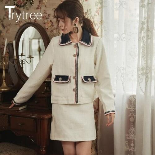 Trytree 2020 Autumn Winter Two piece set Casual Turn-down Collar Single Breasted Pockets Top + Skirt Mini Solid Set 2 Piece Set