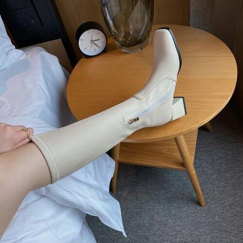 Square Toe Comfortable Stretch Thin Boots Thick Heel Side Zipper Oversized Womens Knee-Length Boots Lycra Or Short Plush Lining