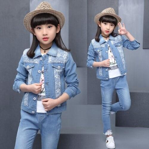 Spring Children Clothing Sets 2pcs Lace Patchwork Washed Denim Jacket + Pants Suit Kids Clothes Set Baby Teenage Girls Outfits