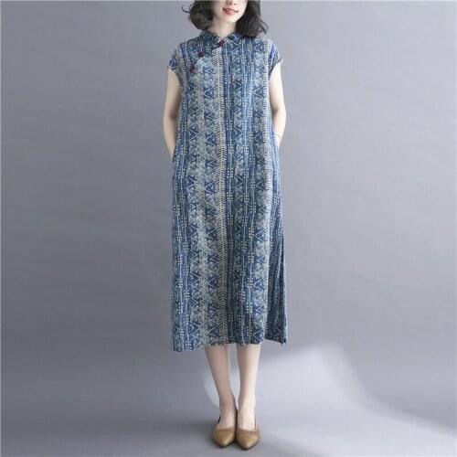2021 Summer Fashion New Mid-Length Stand-Up Collar Short-Sleeved Literary Improvement Cheongsam Printed Dress Female Trend H213