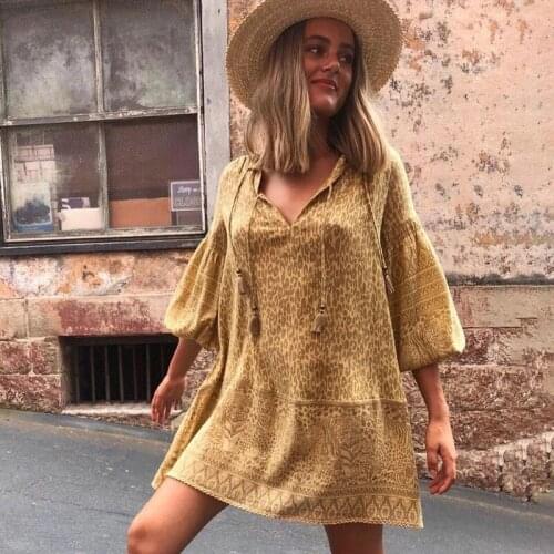Happie Queen women leopard print beach Bohemian dresses Ladies long sleeve rayon cotton mini vintage dress vestidos