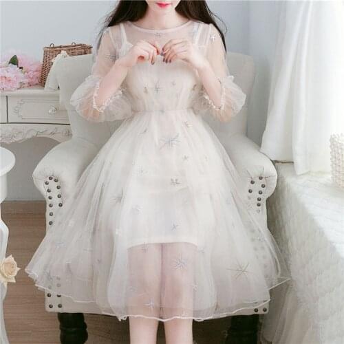 Summer Dress Women Korean Version of Sweet Fairy Style Mesh Ladies O-neck Dress Elegant Square Embroidery Sexy Cute Dress White