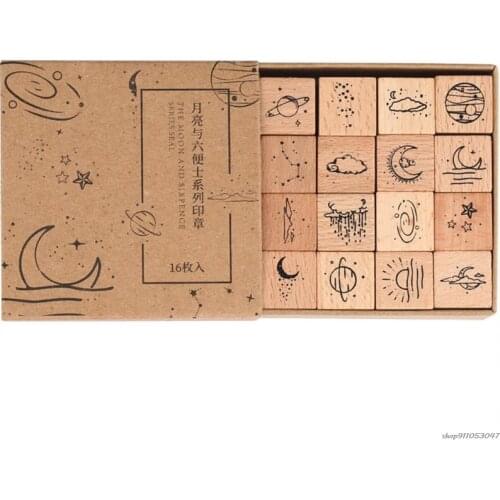 16Pcs/Set Vintage Planet Moon Cloud Decoration Stamp Wooden Rubber Stamps for Handbook Diary Scrapbooking Stationery wholesales