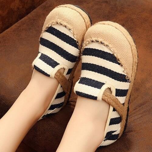 2021 Striped Women Casual Cotton Cloth Loafers Slip on Ladies Thick Soled Hemp Canvas Flat Shoes Handmade