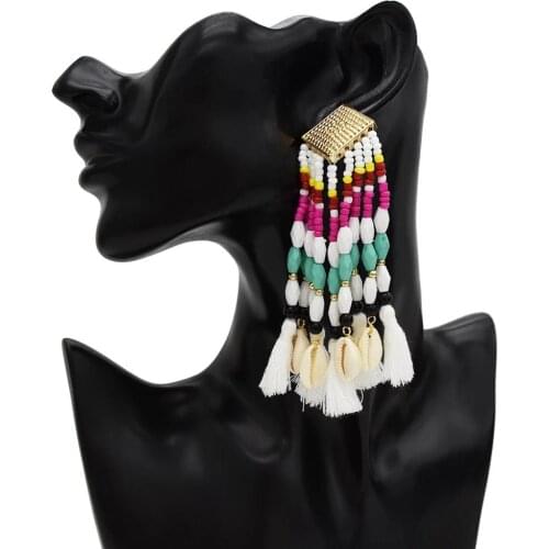 Large Swing Drop Earrings Boho Ethnic Beaded Dangle Earrings Big Tassel Fringed Statement Jewelry Wholesale Accessories