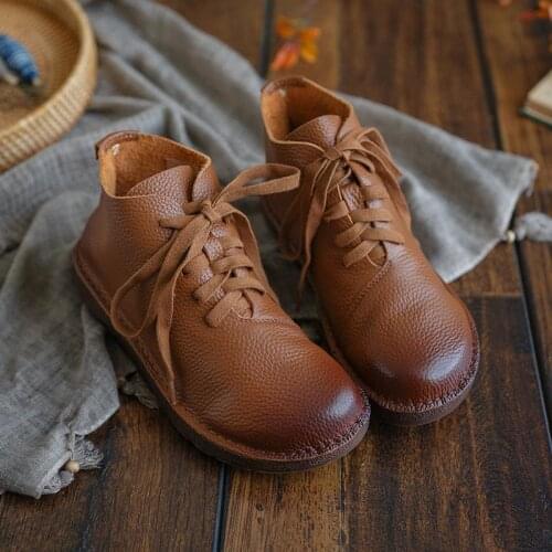 Handmade Genuine Leather Martin Boots Lace-Up Combat Boots Retro Chunky Ankle Boots 2020 Winter Boots Coffee/Brown/Off White