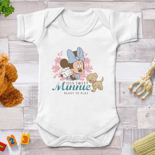 Minnie Mouse Disney Baby Boys Girls Bodysuit Short Sleeve White Baby Clothes 0-24 Months Newborn Body Bebe Jumpsuits Clothing