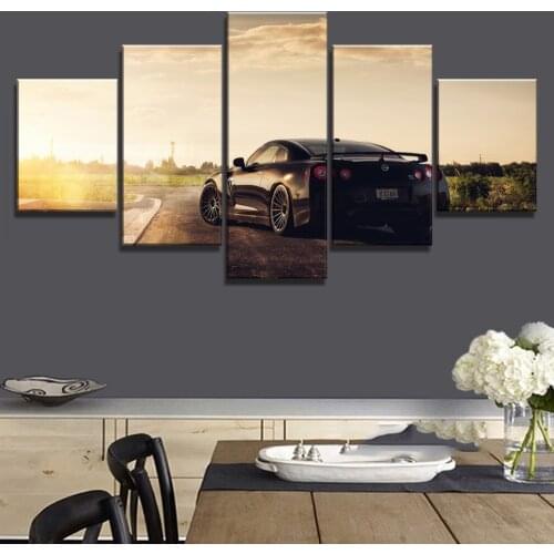 Framed 5 Piece Canvas Painting Nissan Gtr Car Sunset Cuadros Landscape Canvas Wall Art Home Decor For Living Room Wall Picture