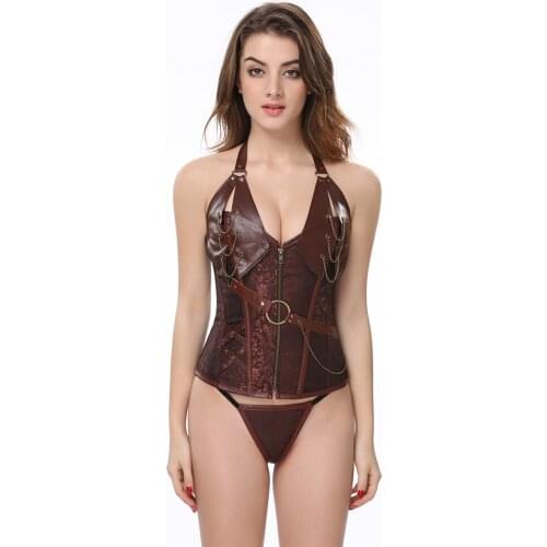 Retro Gothic Leather Corset 14 Steel Boned Steampunk Burlesque Lace Up Back Sexy Halter Bustier Overbust Corset Top with Thong