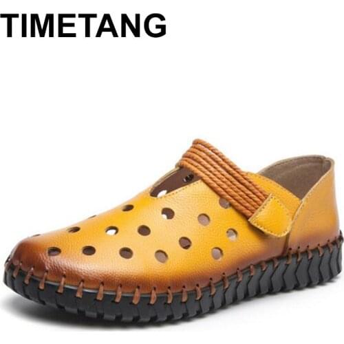 TIMETANG Soft Genuine Leather Hollow Out Shoes Women Slip On Female Loafers Moccasins Women Flats Casual Women Boat Shoes