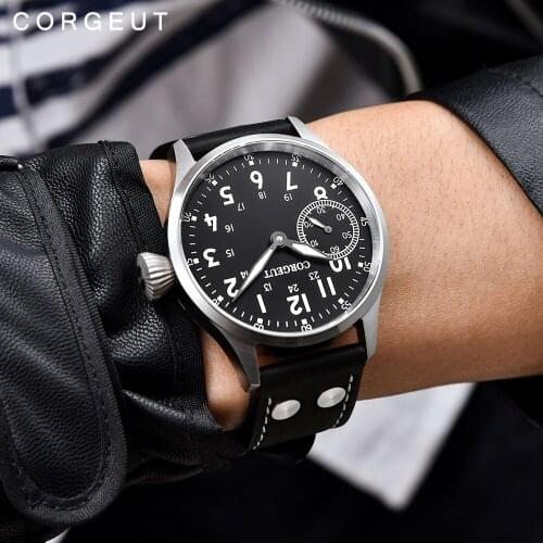 Corgeut 44mm Fashion Mechanical Mens Watch 17 Jewels Hand Winding 6497 ST3600 Luminous Leather Strap Wristwatch Men